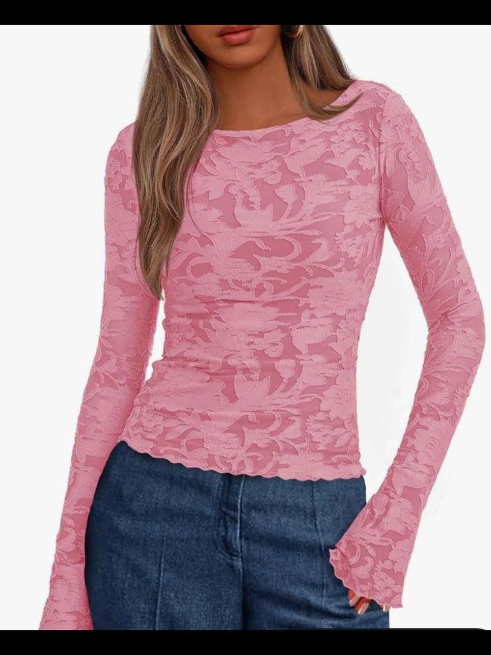 NWT Women's Dusty Rose Floral Lace Long Sleeve Top